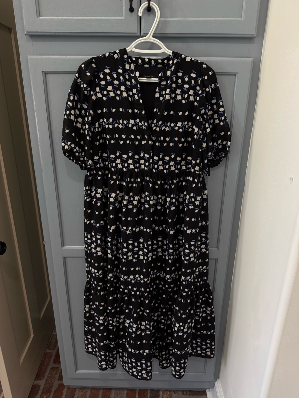 Ann Taylor Black Midi Dress with White and Light Blue Floral Print